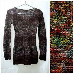 Y2K Dark Rainbow Knit Slim-Fit V-Neck Sweater with Pockets